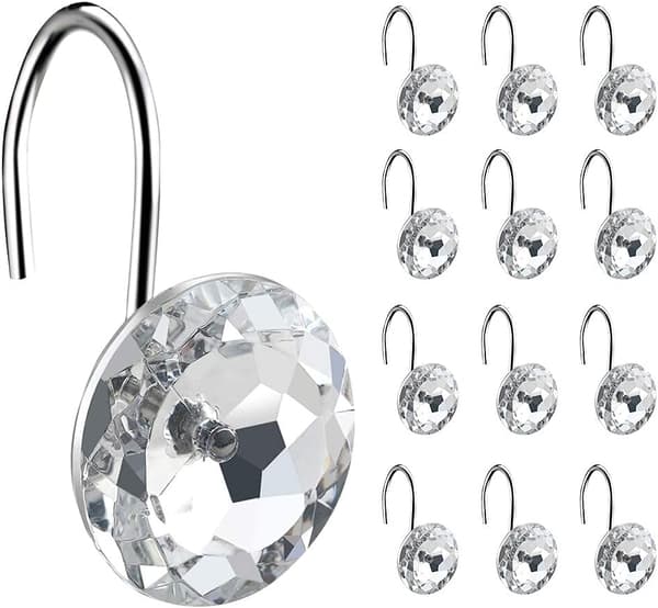 12-pack duschdraperikrokar i rostfritt stål med strass, smidigt glidande ringar för badrumsinredning, silver
