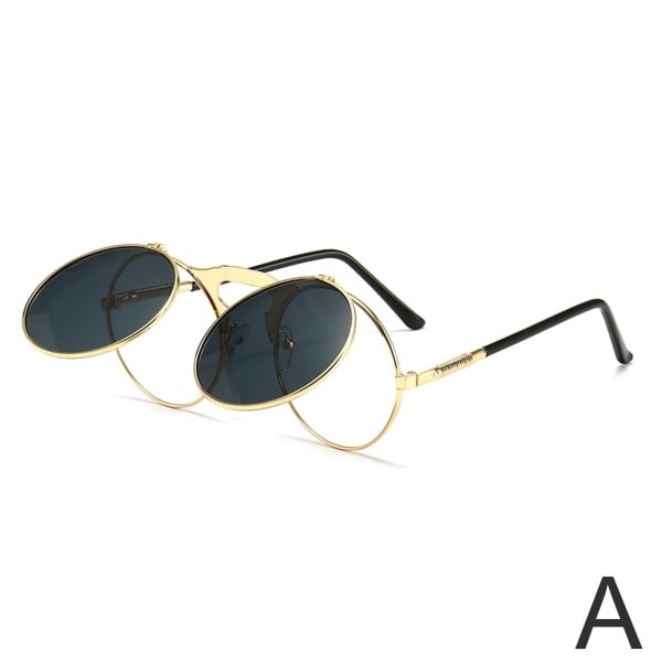 Retro Pyöreät Käännettävät Steampunk-Aurinkolasit 80-luku 90-luku Vintage Ympyrä Kultamusta Yksikoko