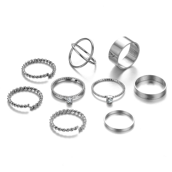 9 st Vridbara Staplingsringar Släta Tunna Bandringar Komfortpassform Justerbar Öppen Ring Band Statement Smycken för Kvinnor Silver