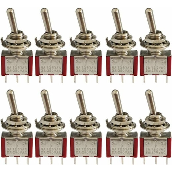 10 st Mini Vippströmbrytare, AC 125V 6A / 250V 2A 3-Pin SPDT ON-OFF-ON 3-Pin 3-Positions SPDT Självlåsande Vippströmbrytare för Bildelar Röd, av DEBUNS