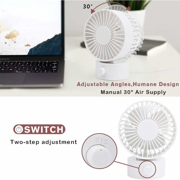 Mini Stille Bordventilator, Personlig USB Bærbar Ventilator til Skrivebord, Hjem, Kontor og Soveværelse - Hvid