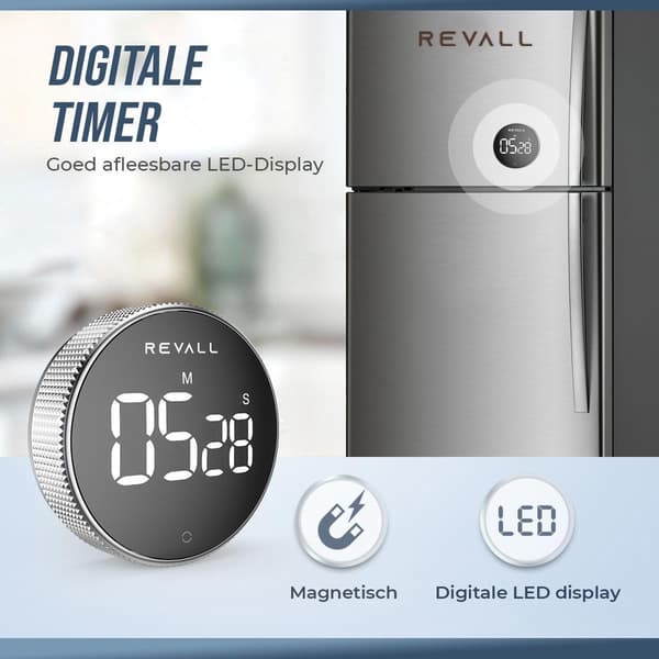 REVALL Digital kökstimer med magnetisk baksida, LED-display, justerbar volym, minnesfunktion, nedräkningstimer för matlagning, svart