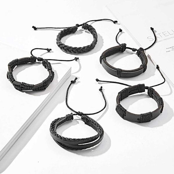 5-pak Håndlavede Læderarmbånd Mænds Armbånd Sort Sort
