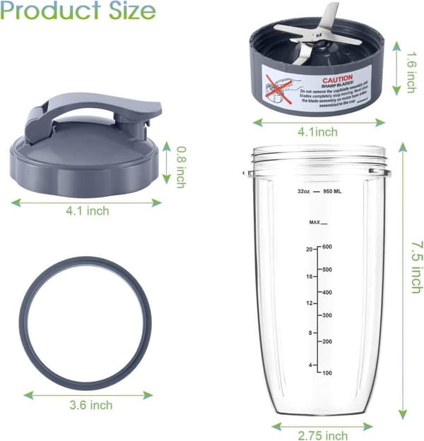 Passar Nutribullet Blenderkopp och Bladbytesats - Inkluderar Stor 32oz (946.4ml) Kopp - 1 Uppfällbart Bärlock - 1 Premium Extraktorblad