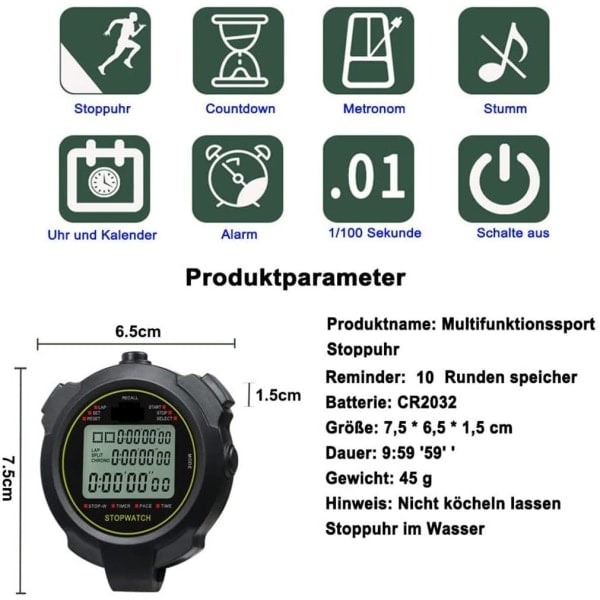 Sport Stoppklokke Timer Lap Split Digital Stoppklokke med Kalender