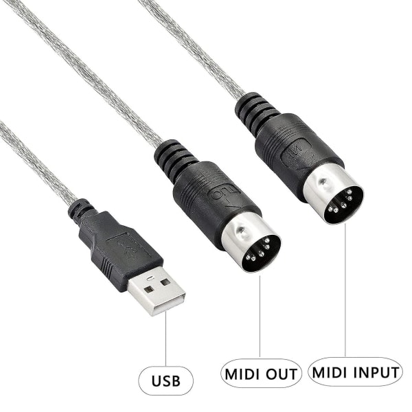 USB MIDI-kabeladapter, USB type A han til MIDI DIN 5-polet indgangs-udgangs kabelinterface med LED-indikator
