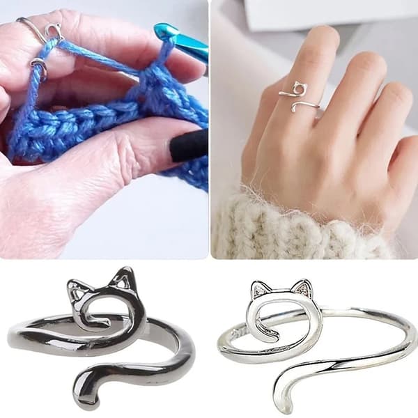 Justerbar Størrelse Ring Katteører Hæklet Ring Begynder Strikning Cr Silver