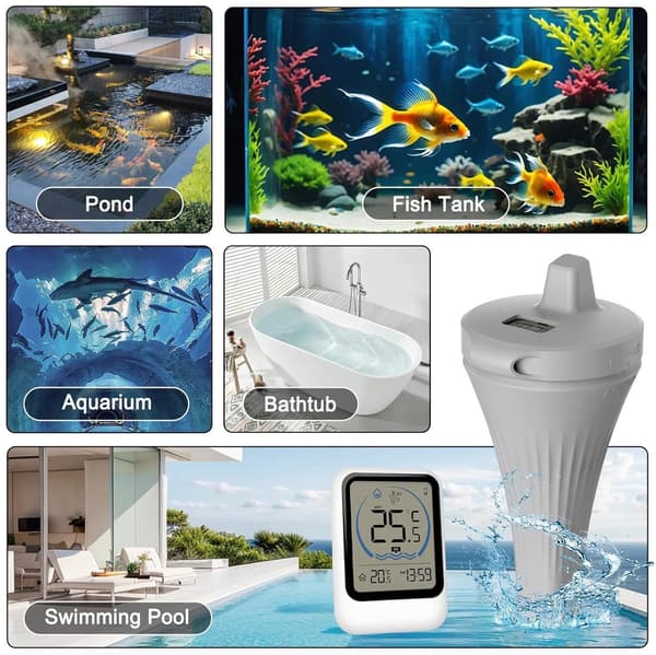 Digital flytande pooltermometer, IP68 vattentät trådlös temperaturmonitor med 100 m räckvidd, LCD-display inomhusstation för pool, spa och damm, vit