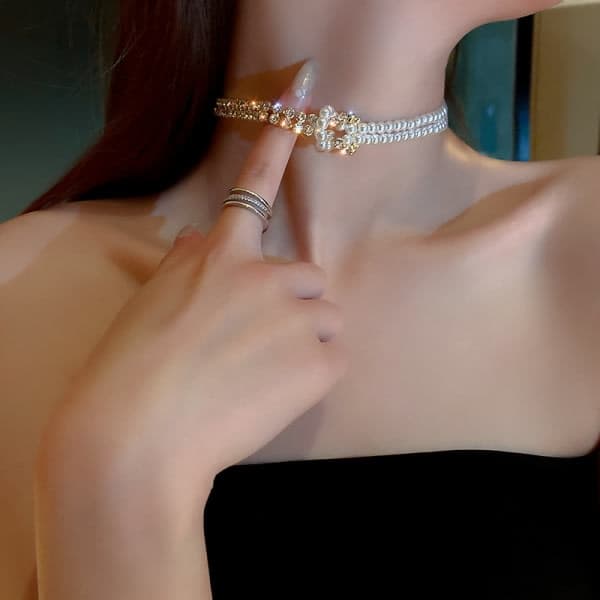 Enkelt sæt med diamantperle patchwork kort choker temperament design betydning halskæde_yux