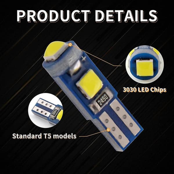 T5 LED-lamper i hvitt for bilens instrumentpanel og speedometer