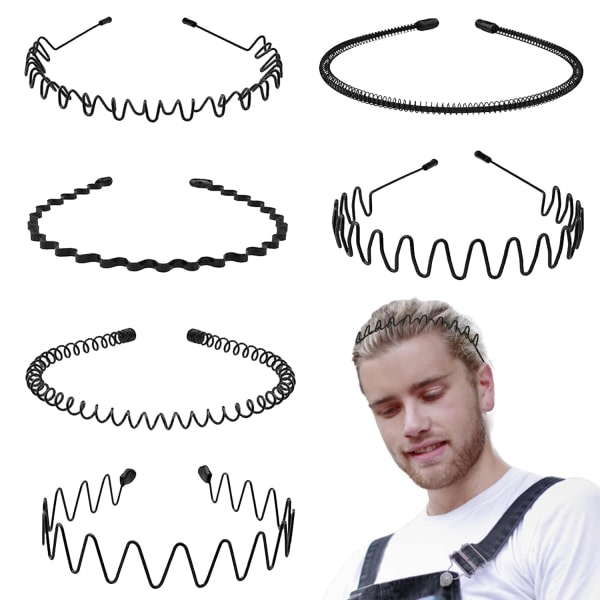 6 ST. Metallhårband Svart hårbøyle Spring Wave Hårbånd Multi-Style Unisex Fleksible pannebånd Tilbehør for kvinner menn