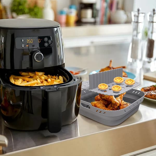 Firkantet Airfryer Tilbehør Airfryer Bageform med Silikonemåtte Airfryer Silikone Bageform, Grå