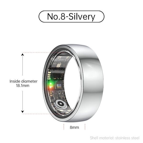 Smart Ring R1000 – Søvnovervåger, Bluetooth 5.0, Blodiltmåler Sølv—yux