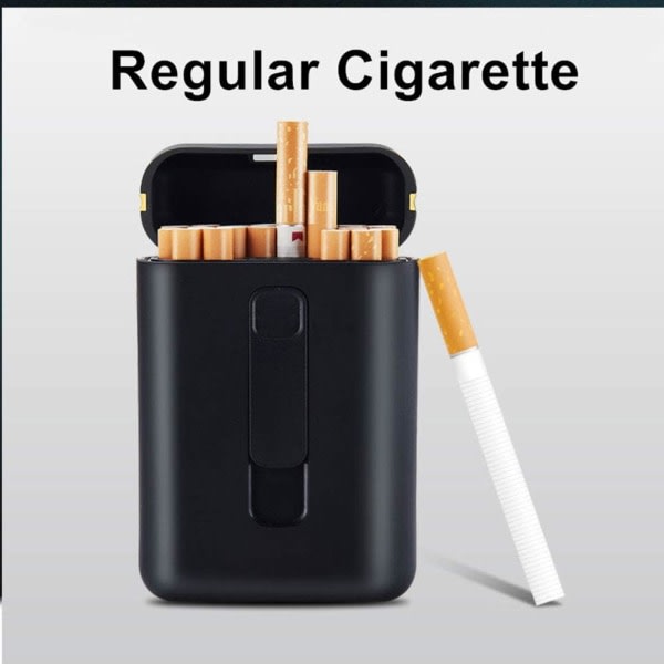 Svart - Bærbar sigarettboks for 20 sigaretter - med lighter
