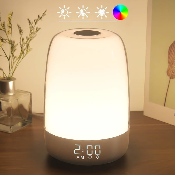 Touch Wake Up Nattlys med Soloppgangsimulering Vekkerklokka, 3-veis Dimbar Varmt Hvit Senglampe RGB Ambient Bord Nattbordslampe, Timermodus