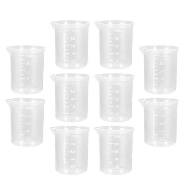 10 Plastmätkoppar Mätkoppar i laboratorieskala Vätskemätkoppar (7X5,6 cm, genomskinliga)
