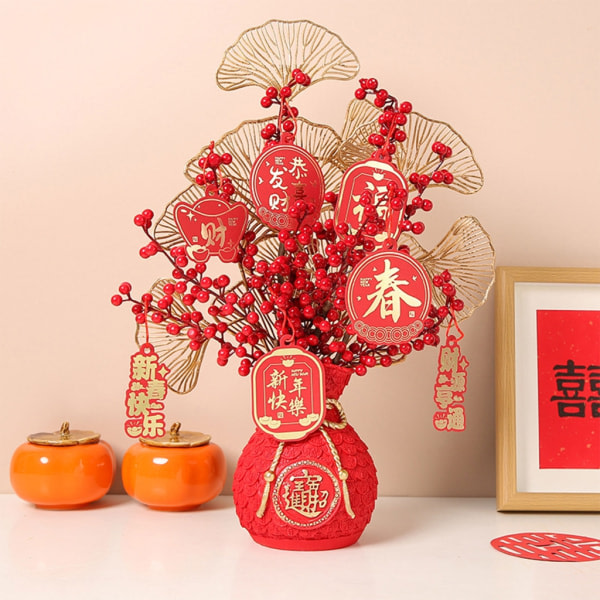 Kinesisk Fu Flower Vas Treasure Blomkruka Container Harts prydnad för bröllop Vårfest Fest dekoration Röd