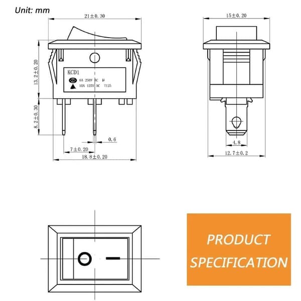 T85 KCD1-101 Mini Vippekontakt 2 Ben SPST Rocker Switch med Ledning Sort (10 stk)