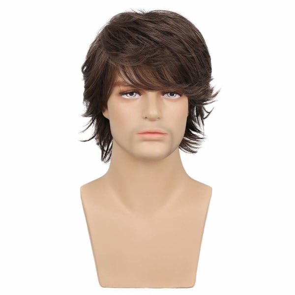 TG Brun kort parykk lagdelt naturlig fluffig kjemisk fiber parykk for menn