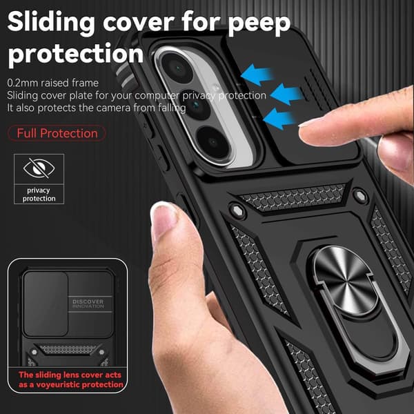 Samsung Galaxy A56 5G Telefondeksel, Hard PC Støtsikker Rustning, Skyvbart Kameradeksel, 360° Ringstativ, Kompatibel med Bilfeste, Svart