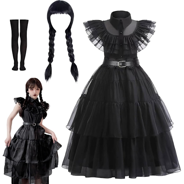 Onsdagskjole for jenter, Familiekostyme for barn, Halloween Cosplaysett B-set 140 B-set