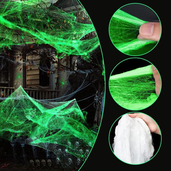 Selvlysende edderkoppespind til Halloween-dekoration 300g, strækbart edderkoppespind med 60 sorte edderkopper til indendørs og udendørs brug i hjemmet, haven og til fester