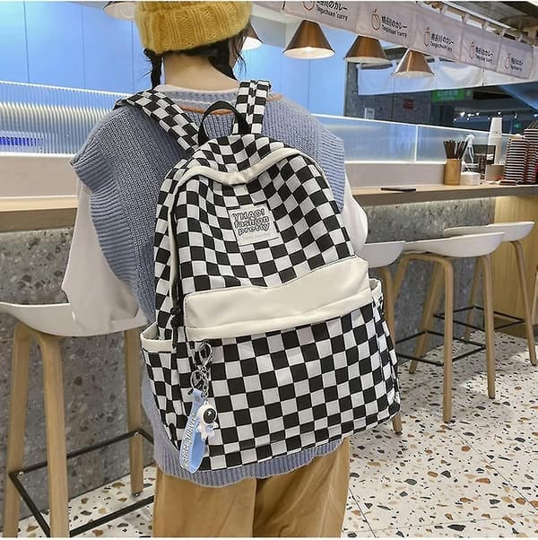 Rutig ryggsäck Gingham skolväskor Tillbaka till skolan Material för studenter (svart)