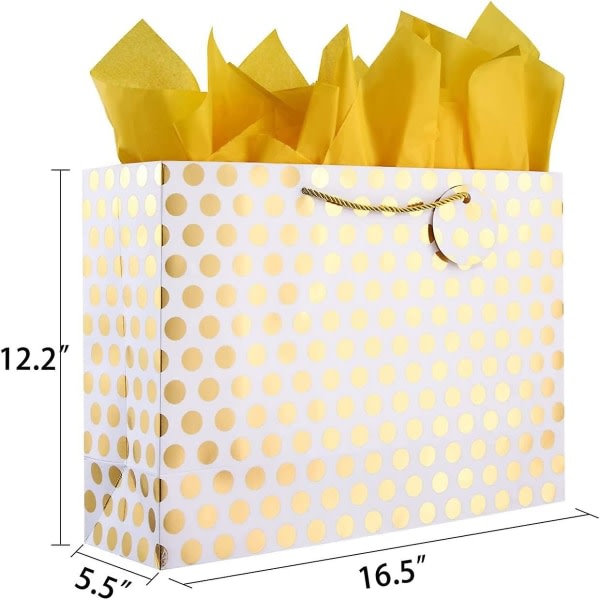 2-pak 16,5\" ekstra store gaveposer med silkepapir til gaver (guld prikket)