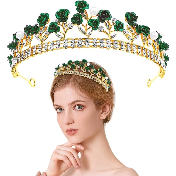 Galaxy Queen Crowns Gold Flower Barock Princess Pearls Crystal Gold Pannband Rose Flower Smycken（Gröna） Grön