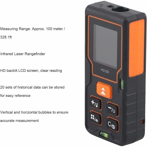 Laseravståndsmätare - Handhållen LCD-skärm Laseravståndsmätare Infraröd Avståndsmätare med Dubbel Vattenpass HD100, från DEBUNS