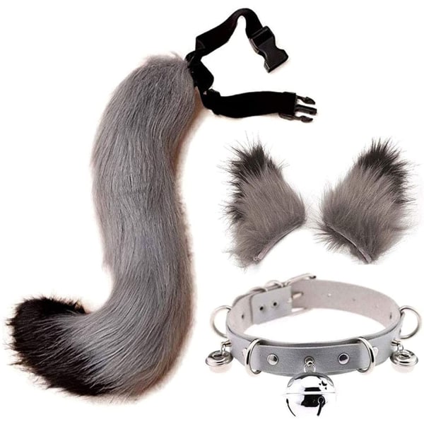 Tail and Ears Set, Long Fox Tail Cosplay Faux Furry Fox Wolf Tail Kit ?ron och ringkrage f?r barn Flickor Pojkar Ton?ringar Dam Party