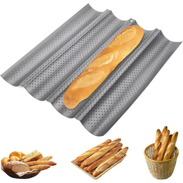 Baguette Bageplade Perforeret Form til Franske Brød, 4 Baguetter (Sølv)—yux