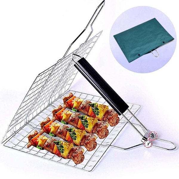 Grillikori, ruostumattomasta teräksestä valmistettu BBQ-kori, grillikori, kokoontaitettava ruostumattomasta teräksestä valmistettu kalakori irrotettavalla kahvalla kalalle, pihville, katkaravuille
