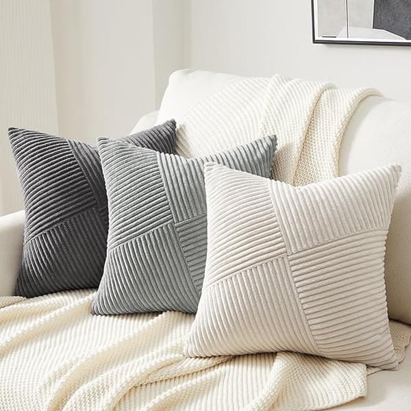 Fløjlspudebetræk sæt med 2, stribede patchwork fløjlsbetræk til sofa stue soveværelse indretning, 40x40 cm cremefarvet