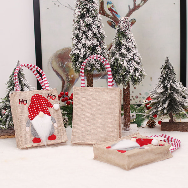 Julegaveposer i Canvas, 3 stk Julepapirposer med håndtag Julegaveposer med juletryk til gaveindpakning Julefest Suppli