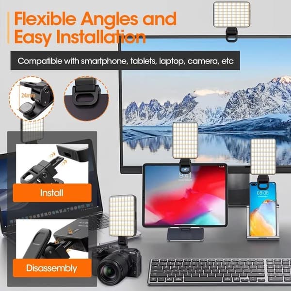 LED-videolys, 128 LED'er, to farvetilstande, 10 lysstyrkeniveauer, magnetisk dobbeltclips, til telefon, kamera og vlogging, sort