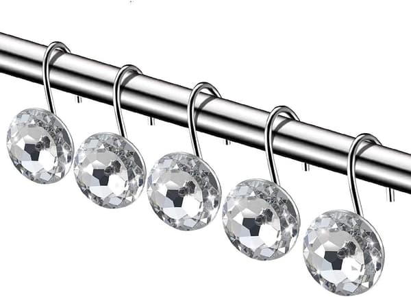12-pack duschdraperikrokar i rostfritt stål med strass, smidigt glidande ringar för badrumsinredning, silver