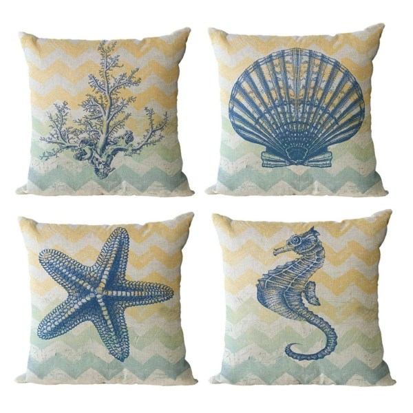 4-pakkinen pellava-puuvillainen tyynynpäällinen, Nautical tyynynpäällinen, ranta-aiheinen tyynynpäällinen, 18 x 18 tuumaa