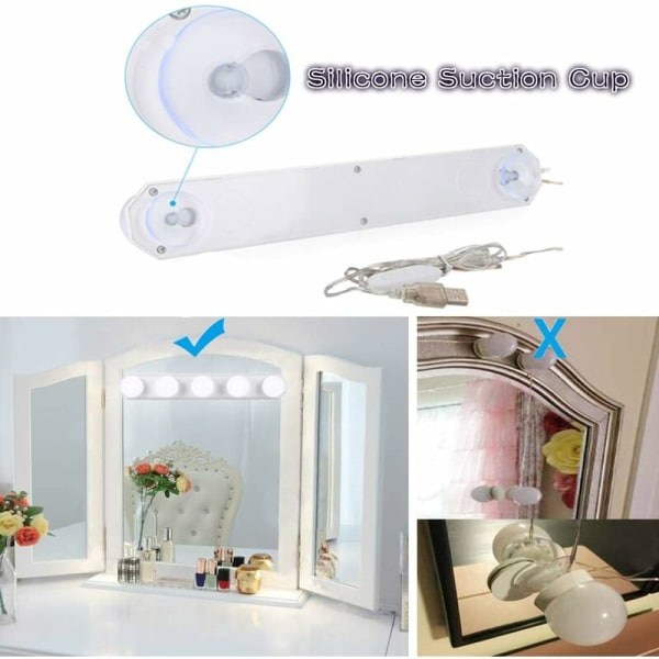 LED-spegellampa med 5 lampor, bärbar sminklampa för sminkspegel med 10 ljusstyrkor och 3 färger, USB-uppladdningsbar sminklampa
