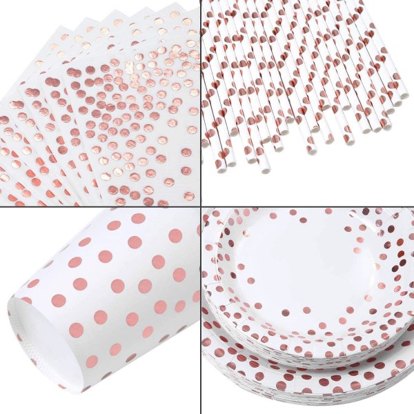 Galaxy Rose Gold Dots Juhlatarvikkeet Paperikupit Paperilautaset Setti (16 vieraalle)