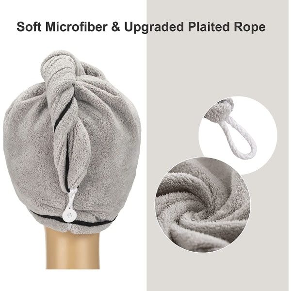TG 2-pack mikrofiberhårhandduksomslag 26 x 10 tum (grå, rosa)