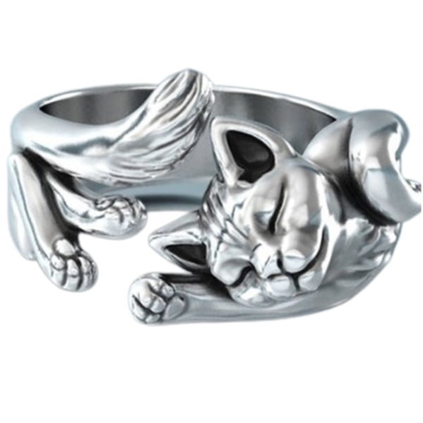 Rolig husdjur for katt ringar sølvfärgad åpen ring smycken for flicka Dam årsdagen Födelsedagspresent Delikat ring