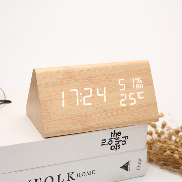 Triangulär träväckarklocka kreativ ljudkontroll LED-temperatur