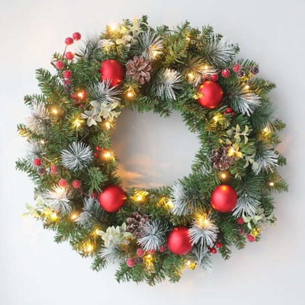 Julekrans for inngangsdørdekorasjon med furukongler og snøflak (30CM, 20 LED-lys)
