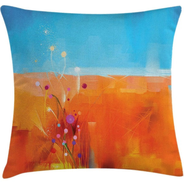 Blomplast tyynynpäällinen, abstrakti niittyjen alla sinisen taivaan luonnon teema taideteos kauneus kukkainen kuva, 18 \"x 18\", oranssi violetti