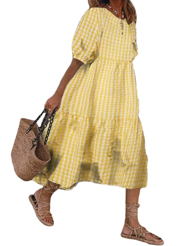 Dame sommerpledd Puffy kortermet midikjole_yu Yellow,S