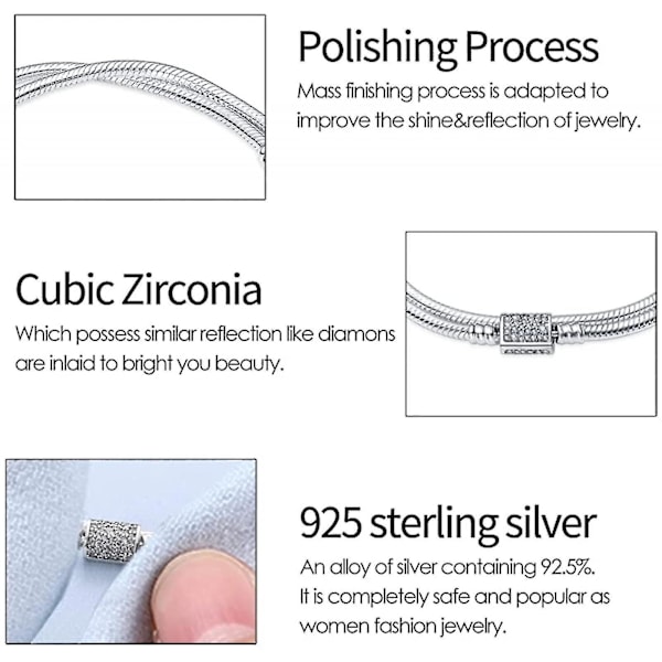 925 Sterling Sølv Slangekjede Armbånd Fullstendig Kompatibelt med Pandora Charms, Søt Klo Armbånd med Skinnende Rund Lukkeknapp Charm Transparent Cz Jul