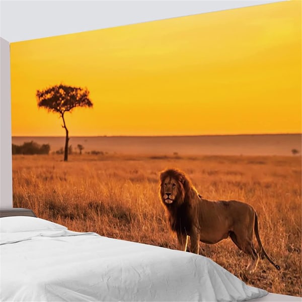 Afrikansk Safari Lejontapet Fantasy Majestätiskt träd Gobeläng Vägghängande Vilda djur vid Guld Solnedgång Naturlandskap
