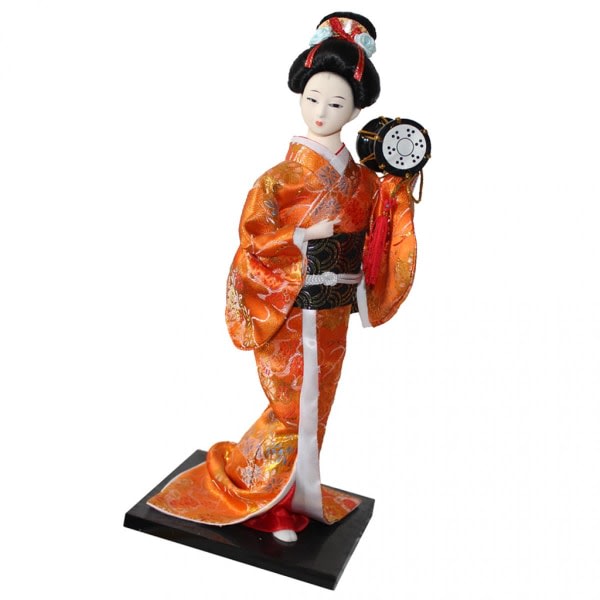 12 tum Vintage japansk Kimono Geisha Doll Figur Orange Kläder Heminredning