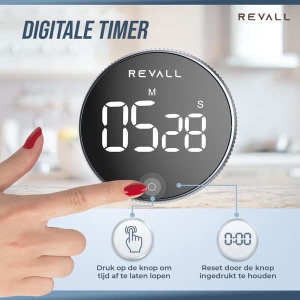 REVALL Digital kökstimer med magnetisk baksida, LED-display, justerbar volym, minnesfunktion, nedräkningstimer för matlagning, svart